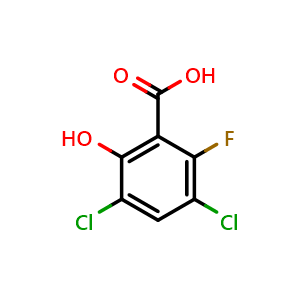 Chemical structure of 3,5-dichloro-2-fluoro-6-hydroxybenzoic acid , CAS 3037696-12-8, AChemBlock AD296842