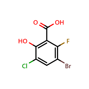 Chemical structure of 3-bromo-5-chloro-2-fluoro-6-hydroxybenzoic acid , CAS 1864362-07-1, AChemBlock AD296843