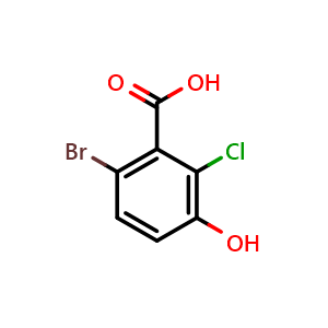 Chemical structure of 6-bromo-2-chloro-3-hydroxybenzoic acid , CAS 91659-23-3, AChemBlock AD296860