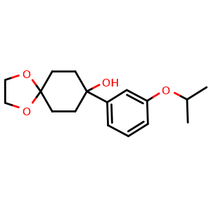 Chemical structure of 8-(3-isopropoxyphenyl)-1,4-dioxaspiro[4.5]decan-8-ol , CAS 1508345-71-8, AChemBlock AD296895
