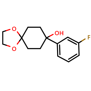 Chemical structure of 8-(3-fluorophenyl)-1,4-dioxaspiro[4.5]decan-8-ol , CAS 217476-10-3, AChemBlock AD296898
