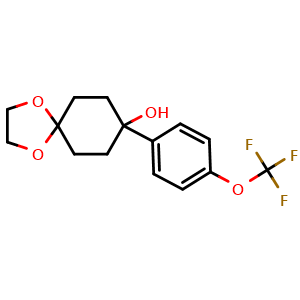 Chemical structure of 8-(4-(trifluoromethoxy)phenyl)-1,4-dioxaspiro[4.5]decan-8-ol , CAS 151749-96-1, AChemBlock AD296902