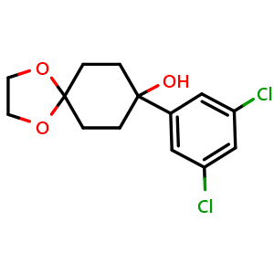 Chemical structure of 8-(3,5-dichlorophenyl)-1,4-dioxaspiro[4.5]decan-8-ol , CAS 2921756-55-8, AChemBlock AD296903