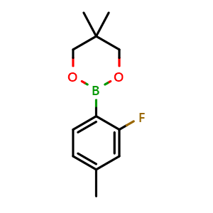 Chemical structure of 2-(2-Fluoro-4-methylphenyl)-5,5-dimethyl-1,3,2-dioxaborinane , CAS 2246661-26-5, AChemBlock AD296933