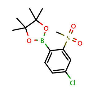 Chemical structure of 2-(4-chloro-2-(methylsulfonyl)phenyl)-4,4,5,5-tetramethyl-1,3,2-dioxaborolane , CAS 2763647-53-4, AChemBlock AD296942