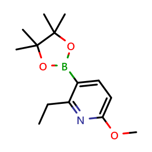 Chemical structure of 2-ethyl-6-methoxy-3-(4,4,5,5-tetramethyl-1,3,2-dioxaborolan-2-yl)pyridine , CAS 2096338-91-7, AChemBlock AD296947