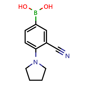 Chemical structure of (3-cyano-4-(pyrrolidin-1-yl)phenyl)boronic acid , CAS 876918-90-0, AChemBlock AD296951