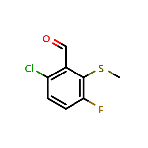 Chemical structure of 6-chloro-3-fluoro-2-(methylthio)benzaldehyde , CAS 1785112-86-8, AChemBlock AD296956