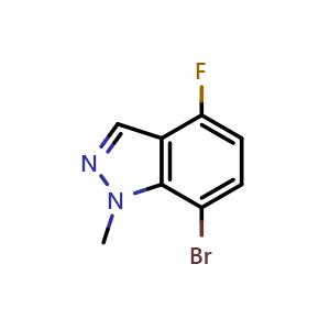 Chemical structure of 7-bromo-4-fluoro-1-methyl-1H-indazole , CAS 1781213-41-9, AChemBlock AD296959