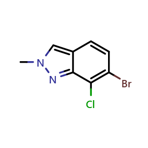 Chemical structure of 6-bromo-7-chloro-2-methyl-2H-indazole , CAS 2624348-94-1, AChemBlock AD296964