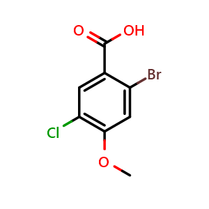 Chemical structure of 2-bromo-5-chloro-4-methoxybenzoic acid , CAS 2091528-05-9, AChemBlock AD296988