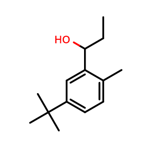 Chemical structure of 1-(5-(tert-butyl)-2-methylphenyl)propan-1-ol , CAS 1216085-08-3, AChemBlock AD296993