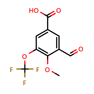 Chemical structure of 3-formyl-4-methoxy-5-(trifluoromethoxy)benzoic acid , CAS 1285576-08-0, AChemBlock AD297031