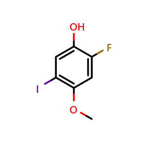 Chemical structure of 2-fluoro-5-iodo-4-methoxyphenol , CAS 1823343-55-0, AChemBlock AD297058