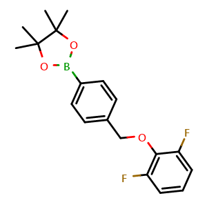 Chemical structure of 2-(4-((2,6-difluorophenoxy)methyl)phenyl)-4,4,5,5-tetramethyl-1,3,2-dioxaborolane , CAS 2246708-49-4, AChemBlock AD297083