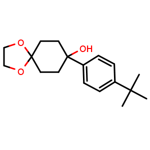 Chemical structure of 8-(4-(tert-butyl)phenyl)-1,4-dioxaspiro[4.5]decan-8-ol , CAS 250235-00-8, AChemBlock AD297108