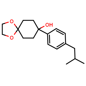 Chemical structure of 8-(4-isobutylphenyl)-1,4-dioxaspiro[4.5]decan-8-ol , CAS 2918965-65-6, AChemBlock AD297110