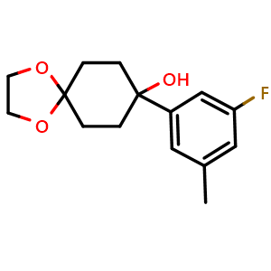 Chemical structure of 8-(3-fluoro-5-methylphenyl)-1,4-dioxaspiro[4.5]decan-8-ol , CAS 1522642-38-1, AChemBlock AD297113