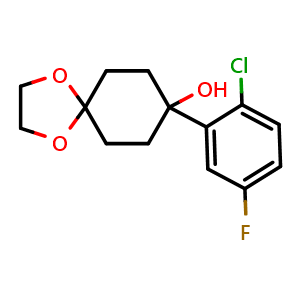 Chemical structure of 8-(2-chloro-5-fluorophenyl)-1,4-dioxaspiro[4.5]decan-8-ol , CAS 1870147-50-4, AChemBlock AD297114