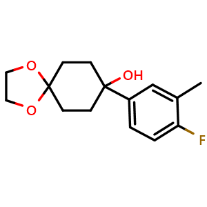 Chemical structure of 8-(4-fluoro-3-methylphenyl)-1,4-dioxaspiro[4.5]decan-8-ol , CAS 1465621-26-4, AChemBlock AD297115