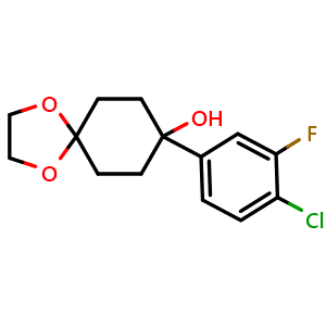 Chemical structure of 8-(4-chloro-3-fluorophenyl)-1,4-dioxaspiro[4.5]decan-8-ol , CAS 2918969-26-1, AChemBlock AD297116