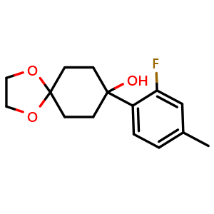 Chemical structure of 8-(2-fluoro-4-methylphenyl)-1,4-dioxaspiro[4.5]decan-8-ol , CAS 2155776-17-1, AChemBlock AD297118