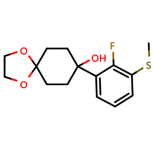 Chemical structure of 8-(2-fluoro-3-(methylthio)phenyl)-1,4-dioxaspiro[4.5]decan-8-ol , CAS 2918956-87-1, AChemBlock AD297119