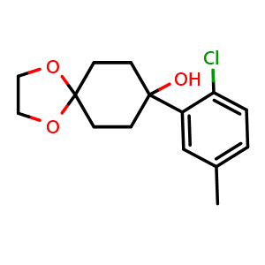 Chemical structure of 8-(2-chloro-5-methylphenyl)-1,4-dioxaspiro[4.5]decan-8-ol , CAS 2024099-88-3, AChemBlock AD297120
