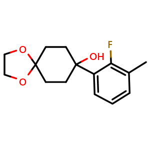 Chemical structure of 8-(2-fluoro-3-methylphenyl)-1,4-dioxaspiro[4.5]decan-8-ol , CAS 2918951-44-5, AChemBlock AD297121