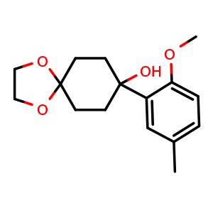 Chemical structure of 8-(2-methoxy-5-methylphenyl)-1,4-dioxaspiro[4.5]decan-8-ol , CAS 1491673-39-2, AChemBlock AD297123