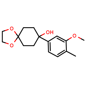 Chemical structure of 8-(3-methoxy-4-methylphenyl)-1,4-dioxaspiro[4.5]decan-8-ol , CAS 2918955-04-9, AChemBlock AD297124