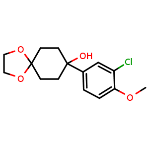 Chemical structure of 8-(3-chloro-4-methoxyphenyl)-1,4-dioxaspiro[4.5]decan-8-ol , CAS 2244439-23-2, AChemBlock AD297125
