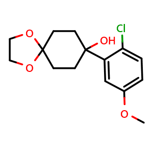 Chemical structure of 8-(2-chloro-5-methoxyphenyl)-1,4-dioxaspiro[4.5]decan-8-ol , CAS 2918969-29-4, AChemBlock AD297126