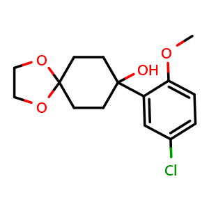 Chemical structure of 8-(5-chloro-2-methoxyphenyl)-1,4-dioxaspiro[4.5]decan-8-ol , CAS 1495327-04-2, AChemBlock AD297127