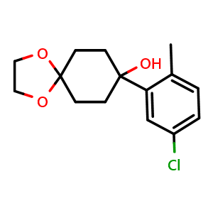 Chemical structure of 8-(5-chloro-2-methylphenyl)-1,4-dioxaspiro[4.5]decan-8-ol , CAS 2918965-64-5, AChemBlock AD297129