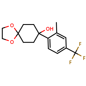Chemical structure of 8-(2-methyl-4-(trifluoromethyl)phenyl)-1,4-dioxaspiro[4.5]decan-8-ol , CAS 2918955-27-6, AChemBlock AD297130