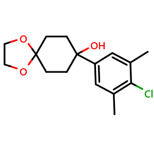 Chemical structure of 8-(4-chloro-3,5-dimethylphenyl)-1,4-dioxaspiro[4.5]decan-8-ol , CAS 2918957-39-6, AChemBlock AD297132