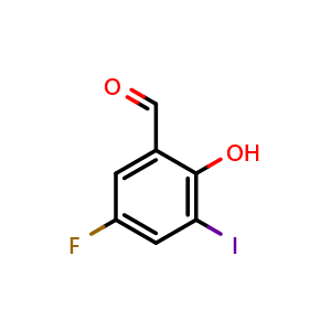 Chemical structure of 5-fluoro-2-hydroxy-3-iodobenzaldehyde , CAS 1956370-28-7, AChemBlock AD297178