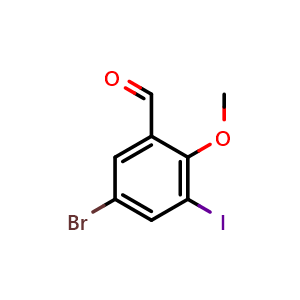 Chemical structure of 5-bromo-3-iodo-2-methoxybenzaldehyde , CAS 832674-07-4, AChemBlock AD297181