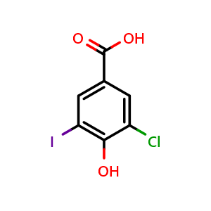 Chemical structure of 3-chloro-4-hydroxy-5-iodobenzoic acid , CAS 913476-74-1, AChemBlock AD297182