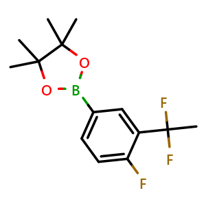 Chemical structure of 2-(3-(1,1-difluoroethyl)-4-fluorophenyl)-4,4,5,5-tetramethyl-1,3,2-dioxaborolane , CAS 445303-68-4, AChemBlock AD297185