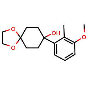 Chemical structure of 8-(3-methoxy-2-methylphenyl)-1,4-dioxaspiro[4.5]decan-8-ol , CAS 2304008-91-9, AChemBlock AD297220