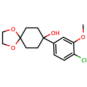 Chemical structure of 8-(4-chloro-3-methoxyphenyl)-1,4-dioxaspiro[4.5]decan-8-ol , CAS 1508046-71-6, AChemBlock AD297223