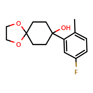 Chemical structure of 8-(5-fluoro-2-methylphenyl)-1,4-dioxaspiro[4.5]decan-8-ol , CAS 1497018-27-5, AChemBlock AD297224