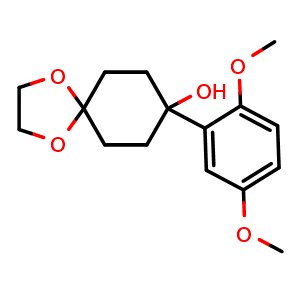 Chemical structure of 8-(2,5-dimethoxyphenyl)-1,4-dioxaspiro[4.5]decan-8-ol , CAS 1494781-62-2, AChemBlock AD297225