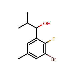 Chemical structure of 1-(3-bromo-2-fluoro-5-methylphenyl)-2-methylpropan-1-ol , CAS 2293804-61-0, AChemBlock AD297263