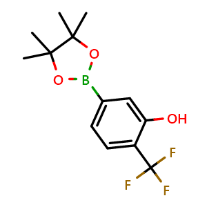 Chemical structure of 5-(4,4,5,5-tetramethyl-1,3,2-dioxaborolan-2-yl)-2-(trifluoromethyl)phenol , CAS 2370026-70-1, AChemBlock AD297418