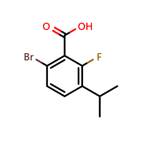 Chemical structure of 6-bromo-2-fluoro-3-isopropylbenzoic acid , CAS 2921840-39-1, AChemBlock AD297421