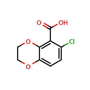 Chemical structure of 6-chloro-2,3-dihydrobenzo[b][1,4]dioxine-5-carboxylic acid , CAS 66411-33-4, AChemBlock AD297474