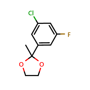 Chemical structure of 2-(3-chloro-5-fluorophenyl)-2-methyl-1,3-dioxolane , CAS 2921861-11-0, AChemBlock AD297495